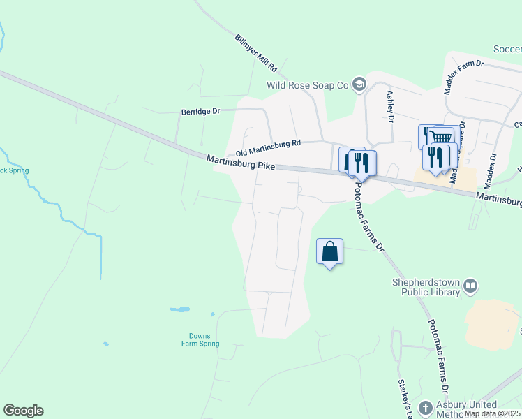 map of restaurants, bars, coffee shops, grocery stores, and more near 424 Sandpiper Lane in Shepherdstown