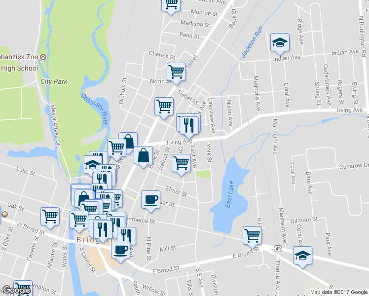 map of restaurants, bars, coffee shops, grocery stores, and more near 163 Church Street in Bridgeton