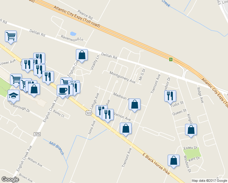 map of restaurants, bars, coffee shops, grocery stores, and more near 108 Filmore Avenue in Egg Harbor Township