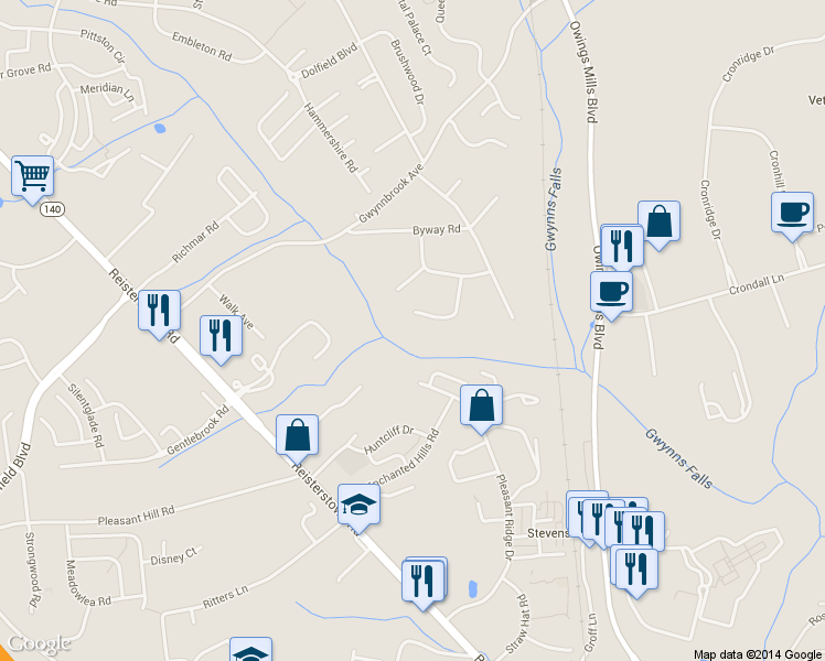 map of restaurants, bars, coffee shops, grocery stores, and more near 207 Earhart Ct in Owings Mills