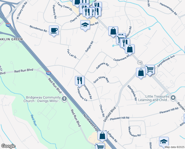 map of restaurants, bars, coffee shops, grocery stores, and more near 123 Oakmere Road in Owings Mills