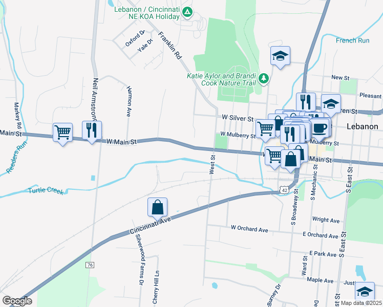 map of restaurants, bars, coffee shops, grocery stores, and more near 533 South West Street in Lebanon