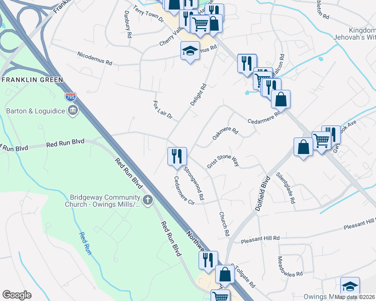 map of restaurants, bars, coffee shops, grocery stores, and more near 144 Cedarmere Road in Owings Mills