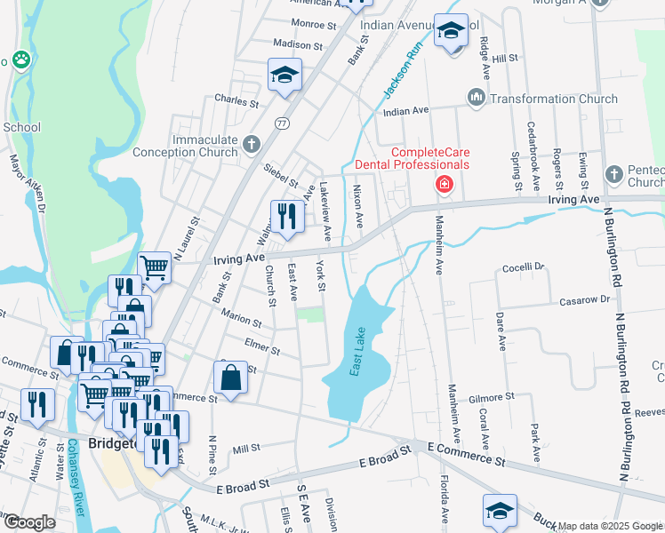 map of restaurants, bars, coffee shops, grocery stores, and more near 131 York Street in Bridgeton