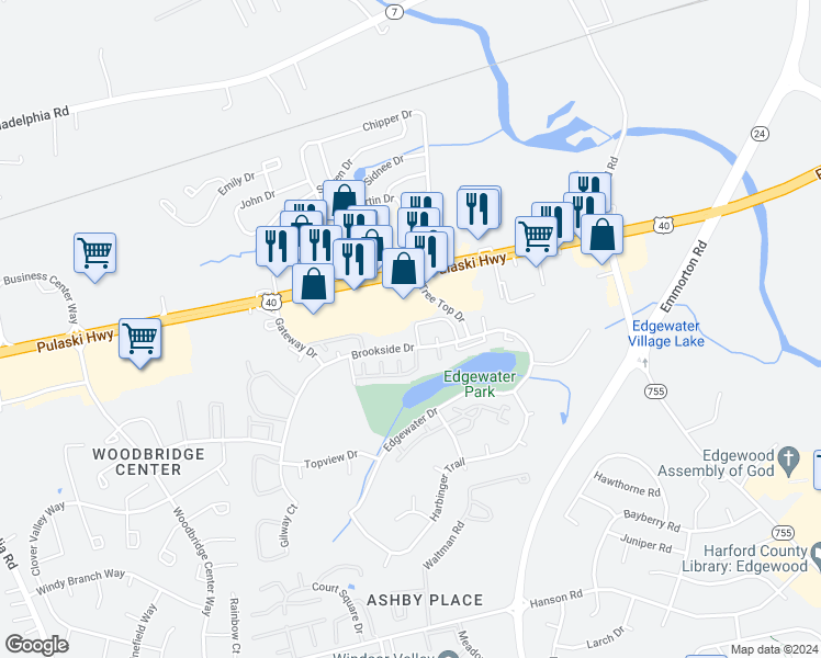 map of restaurants, bars, coffee shops, grocery stores, and more near 1832 Grempler Way in Edgewood