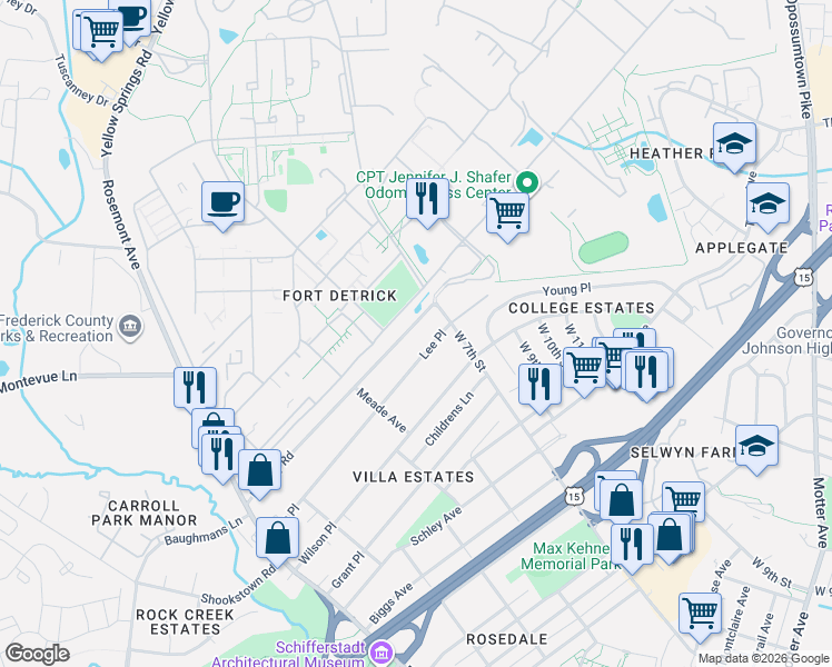 map of restaurants, bars, coffee shops, grocery stores, and more near 632 Military Road in Frederick