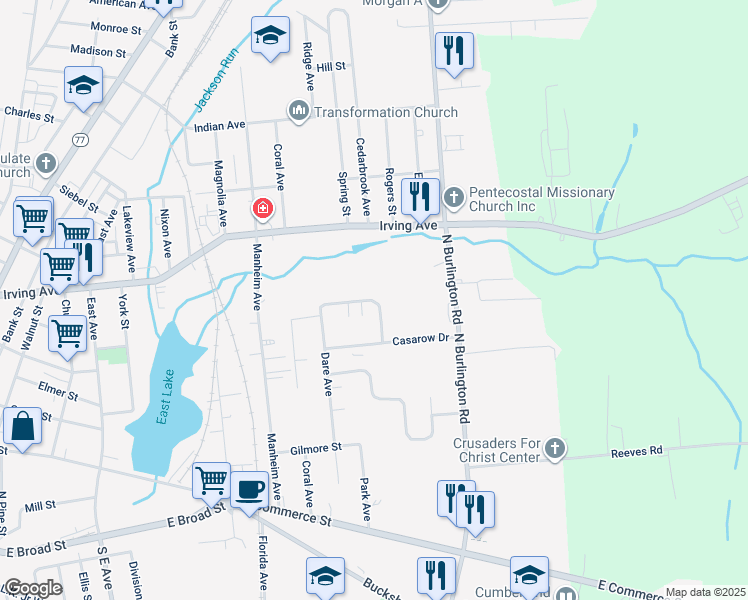 map of restaurants, bars, coffee shops, grocery stores, and more near 104 Cocelli Drive in Bridgeton