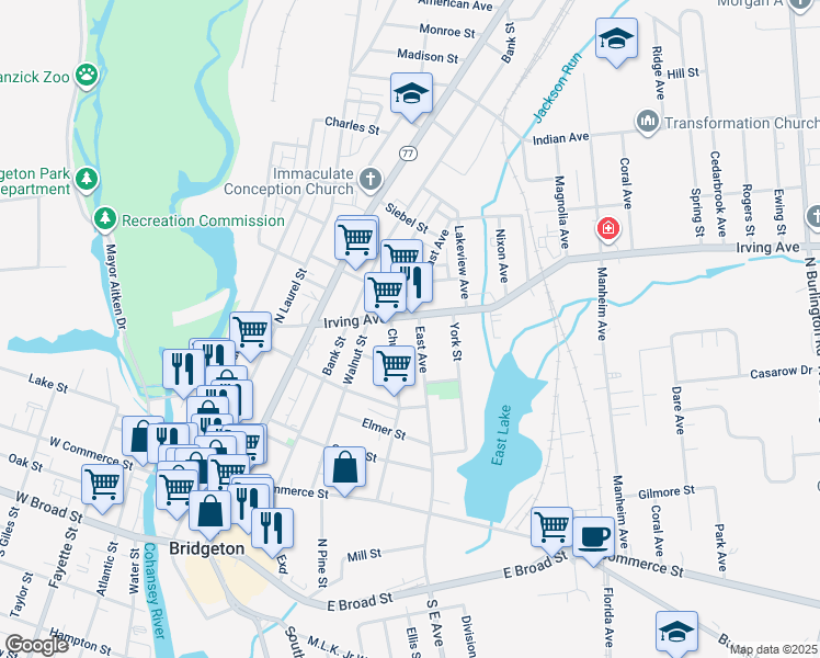 map of restaurants, bars, coffee shops, grocery stores, and more near 163 Church Street in Bridgeton
