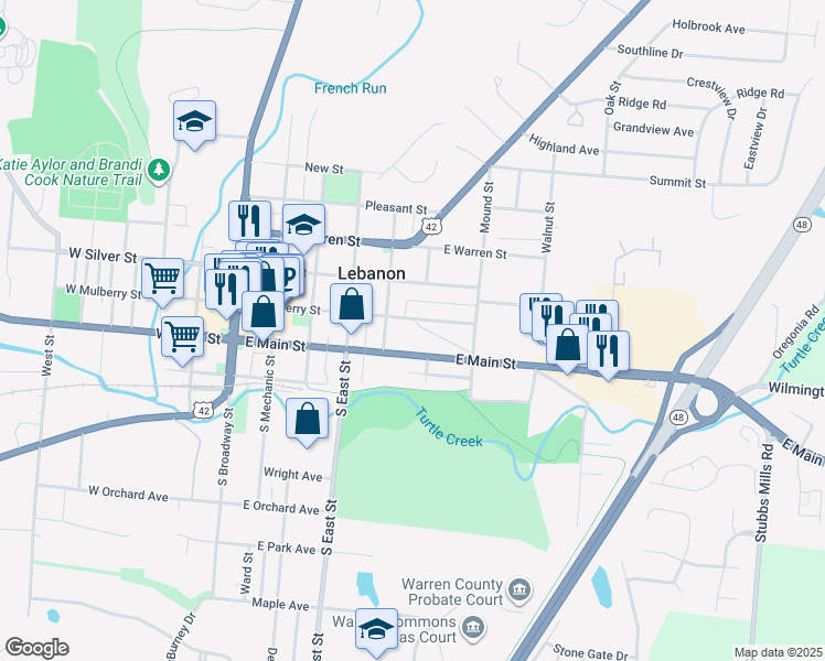 map of restaurants, bars, coffee shops, grocery stores, and more near 9 Chillicothe Avenue in Lebanon