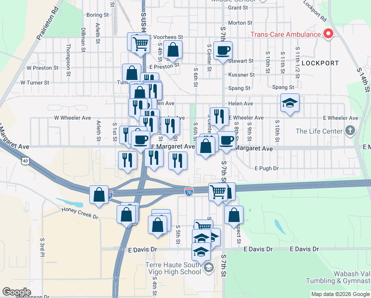 map of restaurants, bars, coffee shops, grocery stores, and more near in Terre Haute