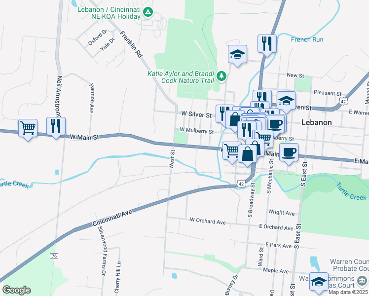 map of restaurants, bars, coffee shops, grocery stores, and more near 403 West Main Street in Lebanon