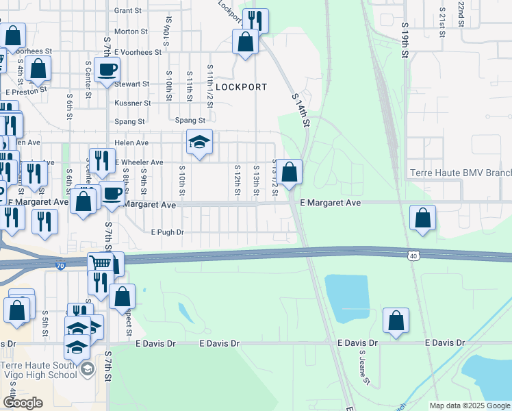 map of restaurants, bars, coffee shops, grocery stores, and more near 3001 South 13th Street in Terre Haute