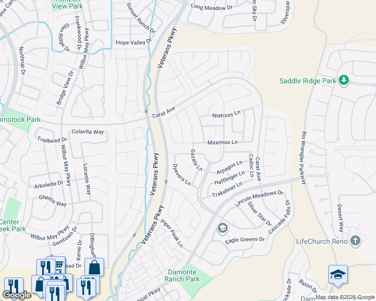 map of restaurants, bars, coffee shops, grocery stores, and more near 2029 Neviekay Lane in Reno