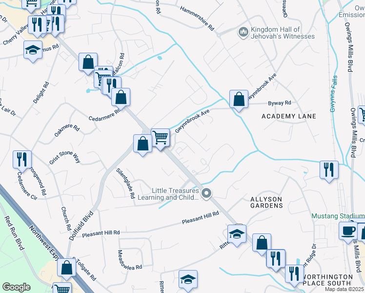 map of restaurants, bars, coffee shops, grocery stores, and more near 11123 Wilder Way in Owings Mills