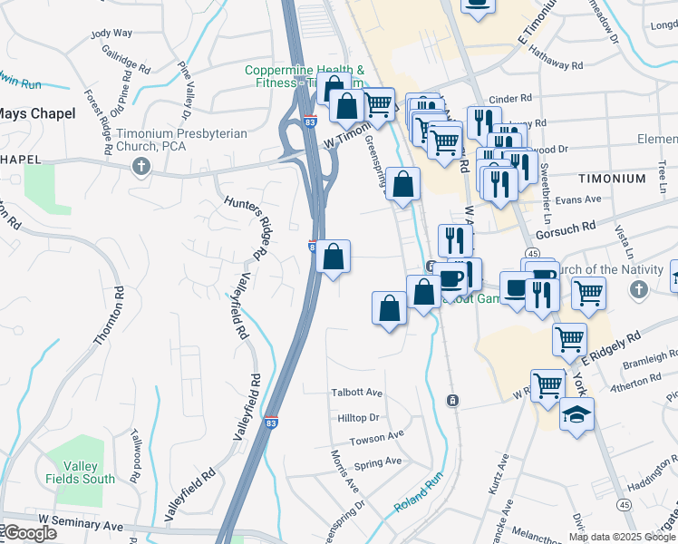 map of restaurants, bars, coffee shops, grocery stores, and more near 1954 Greenspring Drive in Lutherville-Timonium
