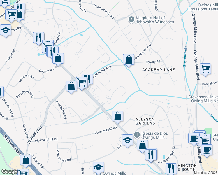 map of restaurants, bars, coffee shops, grocery stores, and more near 15 Walk Avenue in Owings Mills