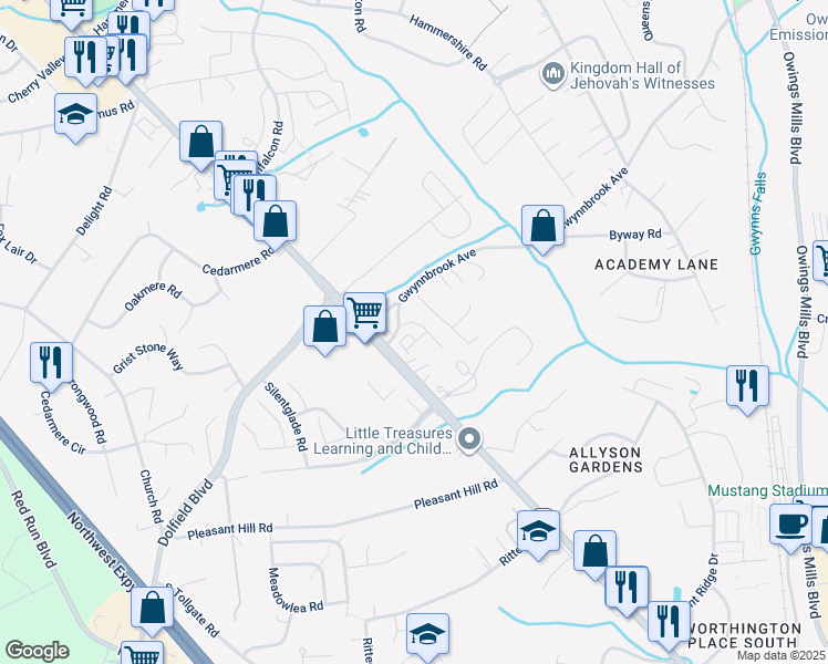 map of restaurants, bars, coffee shops, grocery stores, and more near 11123 Wilder Way in Owings Mills