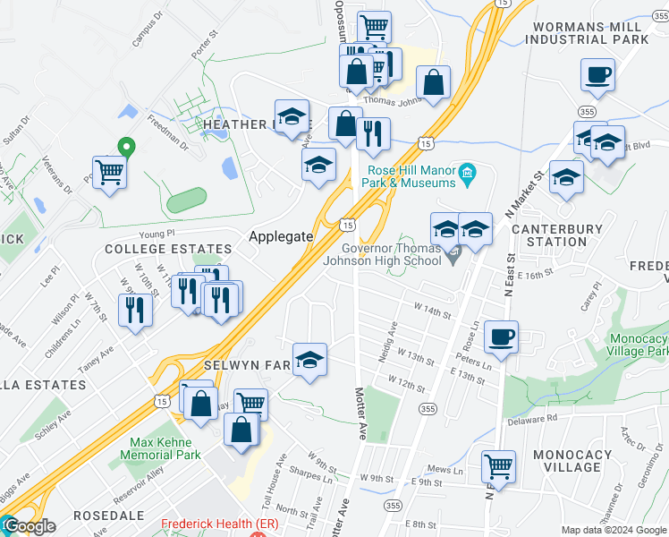 map of restaurants, bars, coffee shops, grocery stores, and more near 1402 Pinewood Drive in Frederick