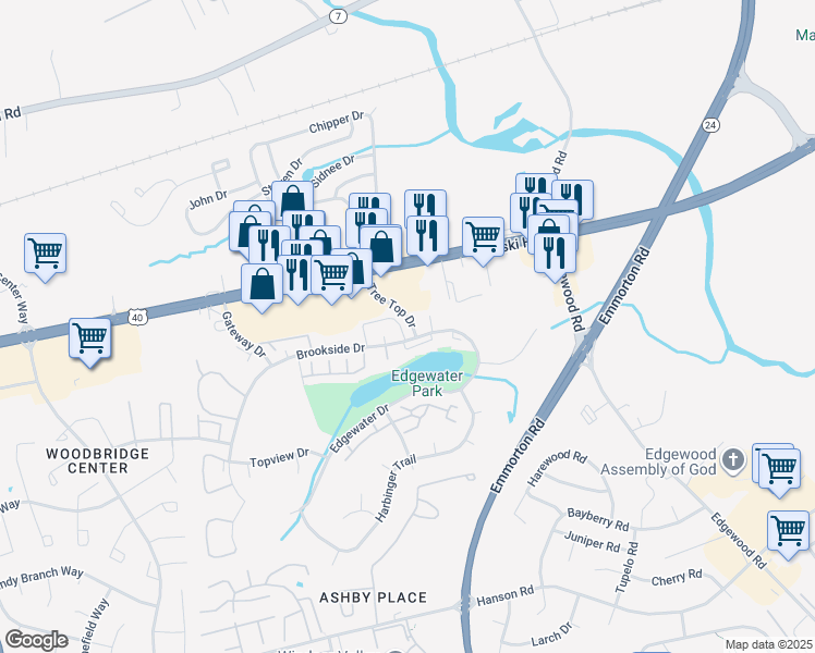 map of restaurants, bars, coffee shops, grocery stores, and more near 1890 Grempler Way in Edgewood