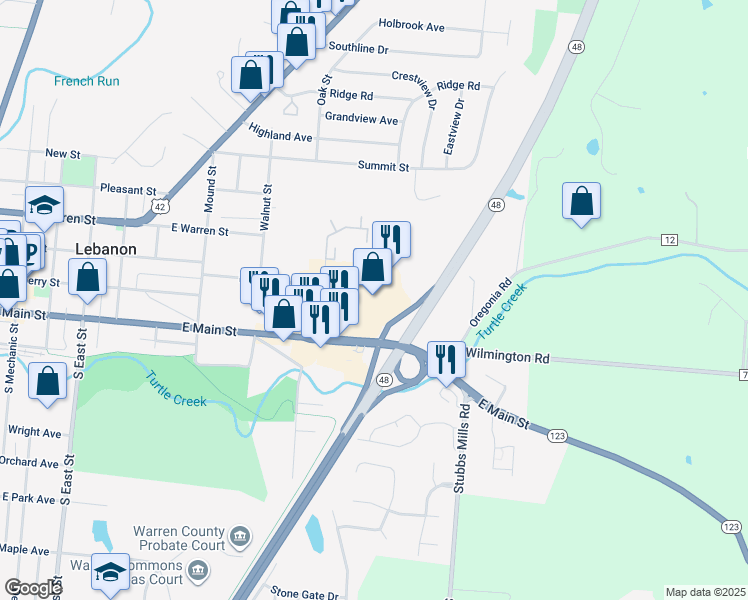 map of restaurants, bars, coffee shops, grocery stores, and more near 726 East Main Street in Lebanon