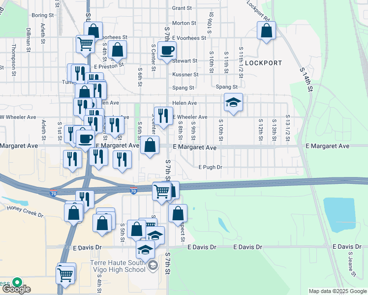 map of restaurants, bars, coffee shops, grocery stores, and more near 3000 South 8th Street in Terre Haute