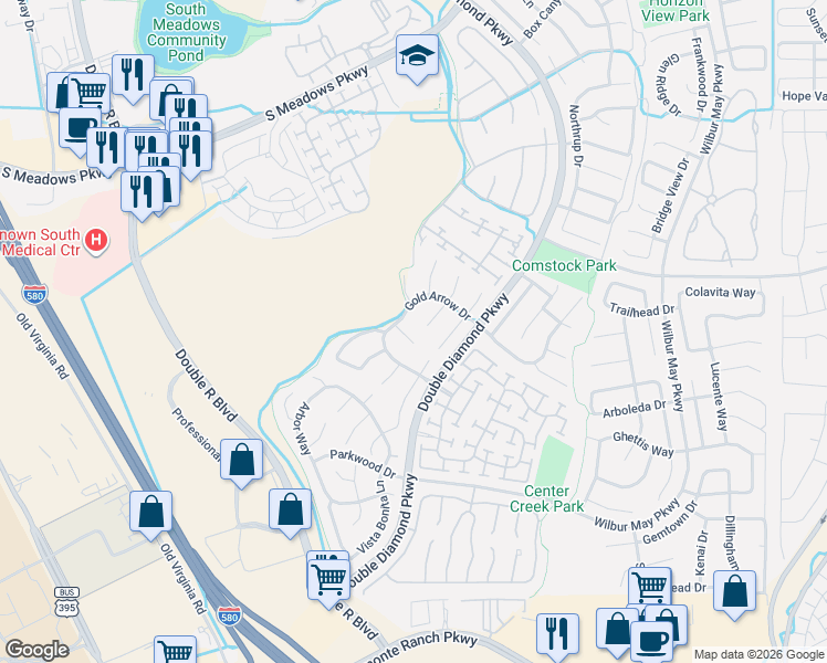 map of restaurants, bars, coffee shops, grocery stores, and more near 1420 Gold Cliff Court in Reno