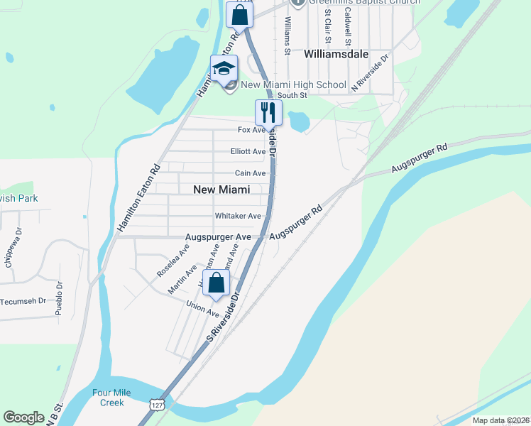 map of restaurants, bars, coffee shops, grocery stores, and more near 109 North Riverside Drive in Hamilton