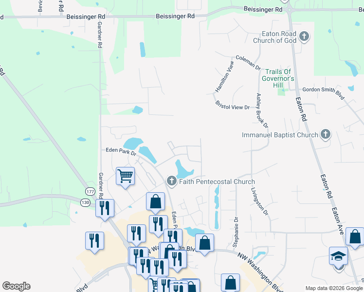 map of restaurants, bars, coffee shops, grocery stores, and more near Watercove Ct in Hamilton