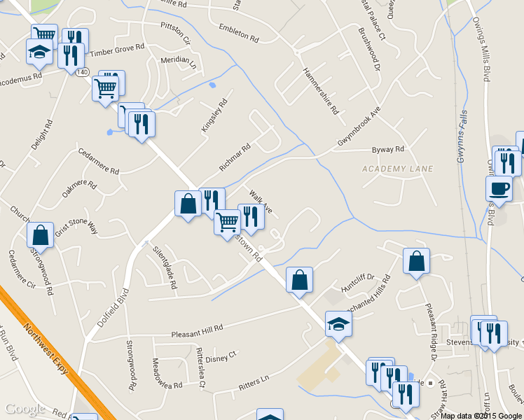 map of restaurants, bars, coffee shops, grocery stores, and more near 12 Walk Avenue in Owings Mills