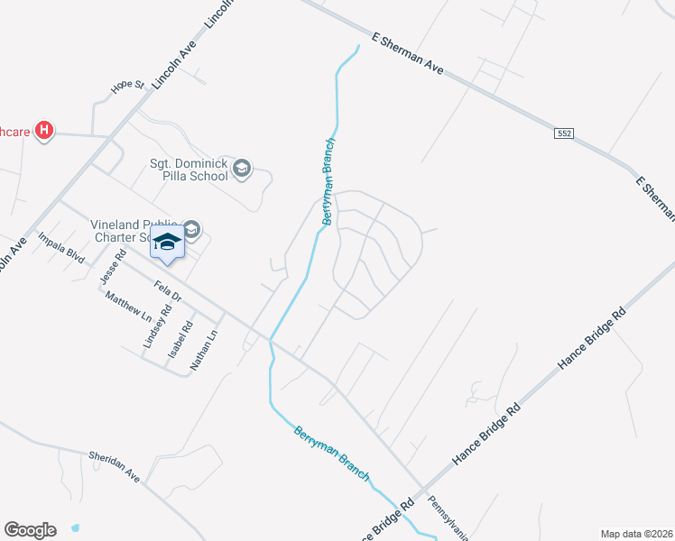 map of restaurants, bars, coffee shops, grocery stores, and more near 1616 Pennsylvania Avenue in Vineland