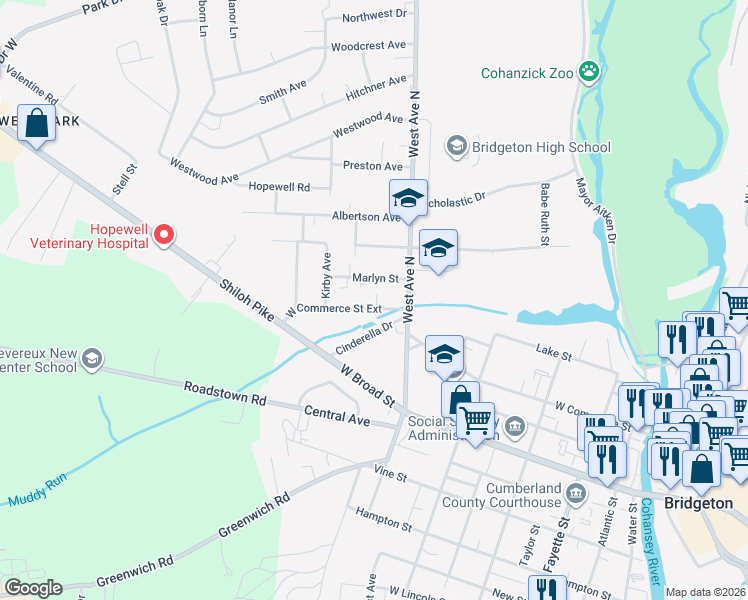 map of restaurants, bars, coffee shops, grocery stores, and more near 273 West Commerce Street Extension in Bridgeton