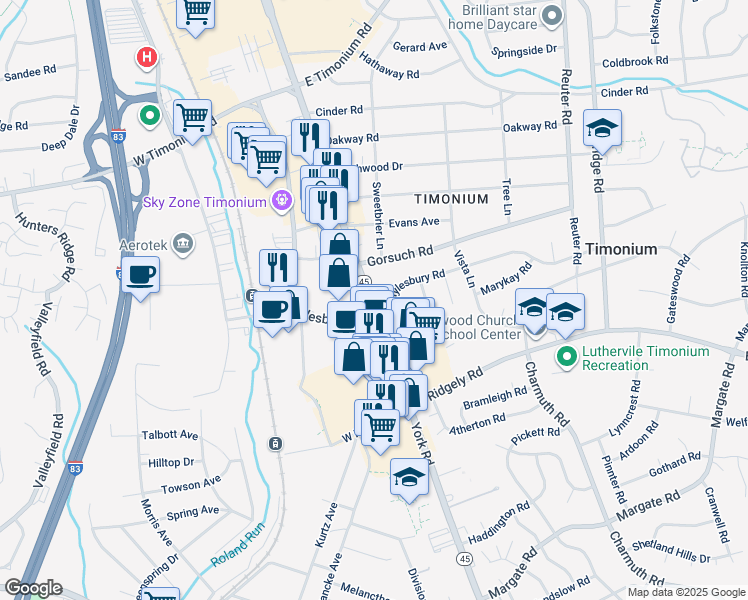 map of restaurants, bars, coffee shops, grocery stores, and more near 1901 Maryland 45 in Lutherville-Timonium