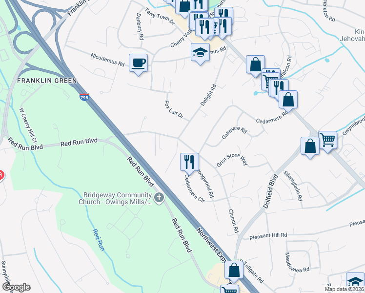map of restaurants, bars, coffee shops, grocery stores, and more near 127 Church Road in Owings Mills