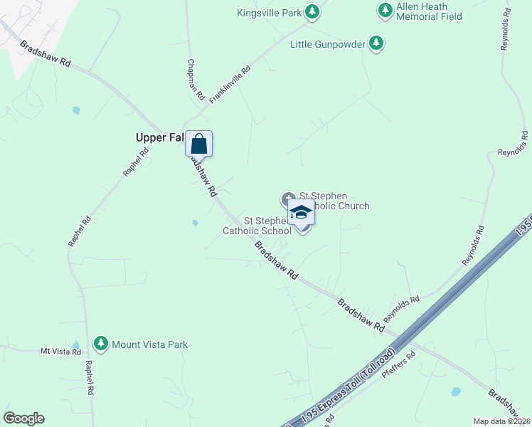 map of restaurants, bars, coffee shops, grocery stores, and more near 8010 Bradshaw Road in Upper Falls