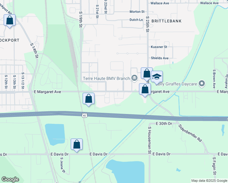 map of restaurants, bars, coffee shops, grocery stores, and more near 2201 East Margaret Avenue in Terre Haute