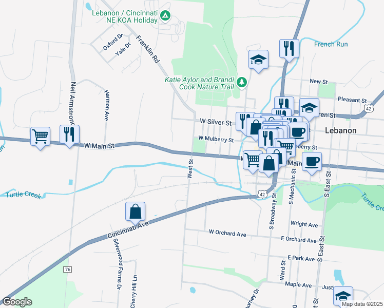 map of restaurants, bars, coffee shops, grocery stores, and more near West Main Street in Lebanon