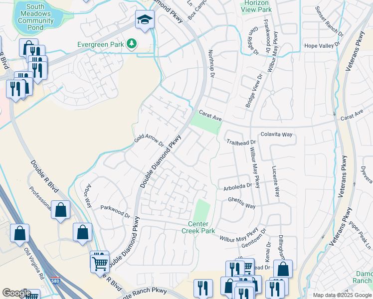 map of restaurants, bars, coffee shops, grocery stores, and more near 10275 Grizzly Hill Court in Reno