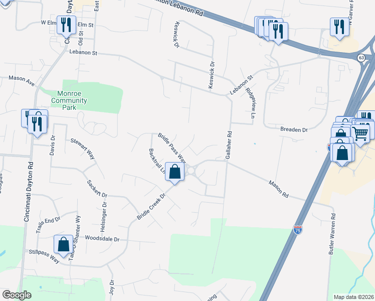 map of restaurants, bars, coffee shops, grocery stores, and more near 230 Bridle Pass Way in Monroe