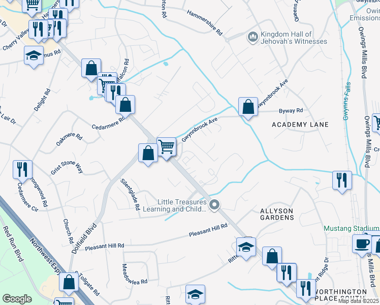 map of restaurants, bars, coffee shops, grocery stores, and more near 13 Gwynnbrook Avenue in Owings Mills
