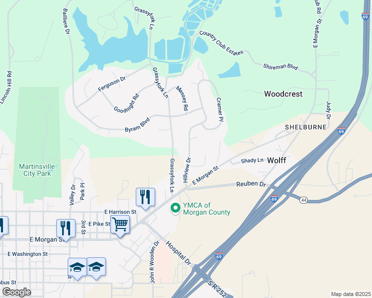 map of restaurants, bars, coffee shops, grocery stores, and more near 80 Hillview Drive in Martinsville