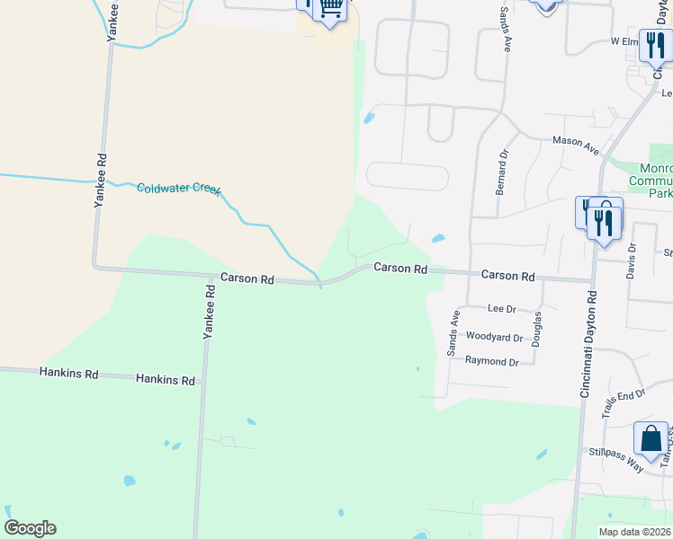map of restaurants, bars, coffee shops, grocery stores, and more near 7165 Carson Road in Middletown