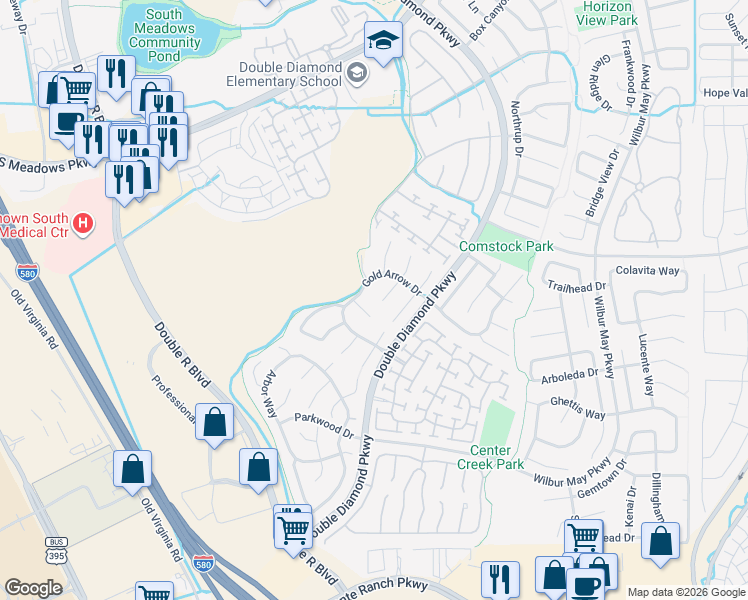 map of restaurants, bars, coffee shops, grocery stores, and more near 1420 Gold Cliff Court in Reno