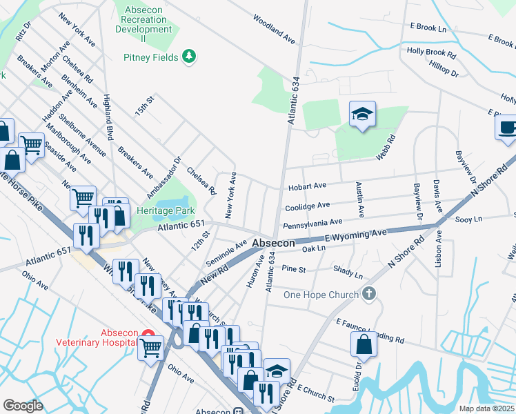 map of restaurants, bars, coffee shops, grocery stores, and more near 611 Seminole Avenue in Absecon