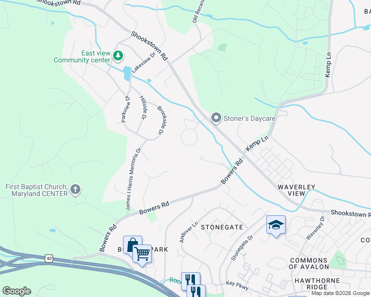 map of restaurants, bars, coffee shops, grocery stores, and more near 6382 Overbrook Circle in Frederick