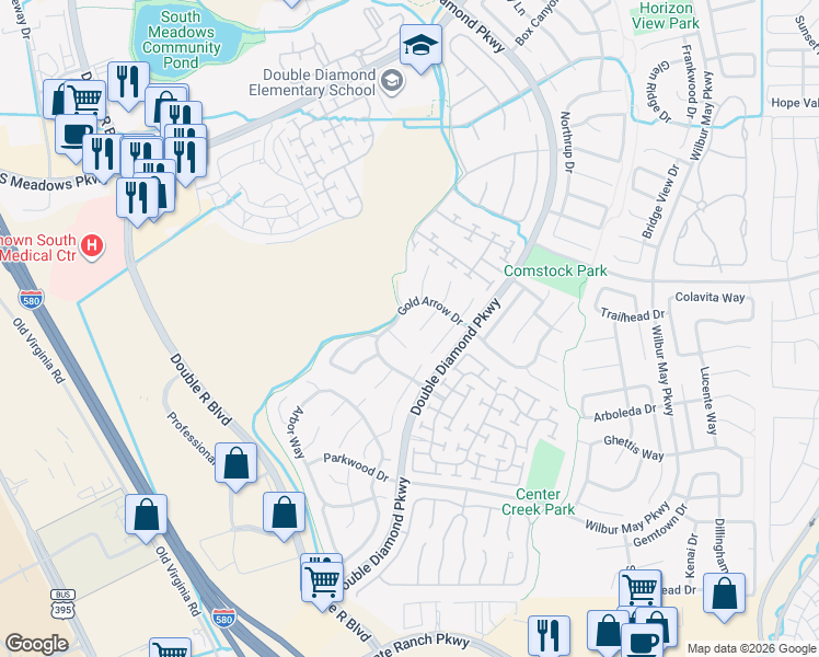 map of restaurants, bars, coffee shops, grocery stores, and more near 1420 Gold Cliff Court in Reno