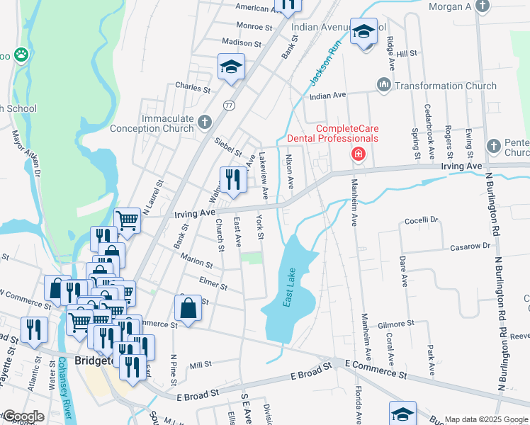 map of restaurants, bars, coffee shops, grocery stores, and more near 131 York Street in Bridgeton
