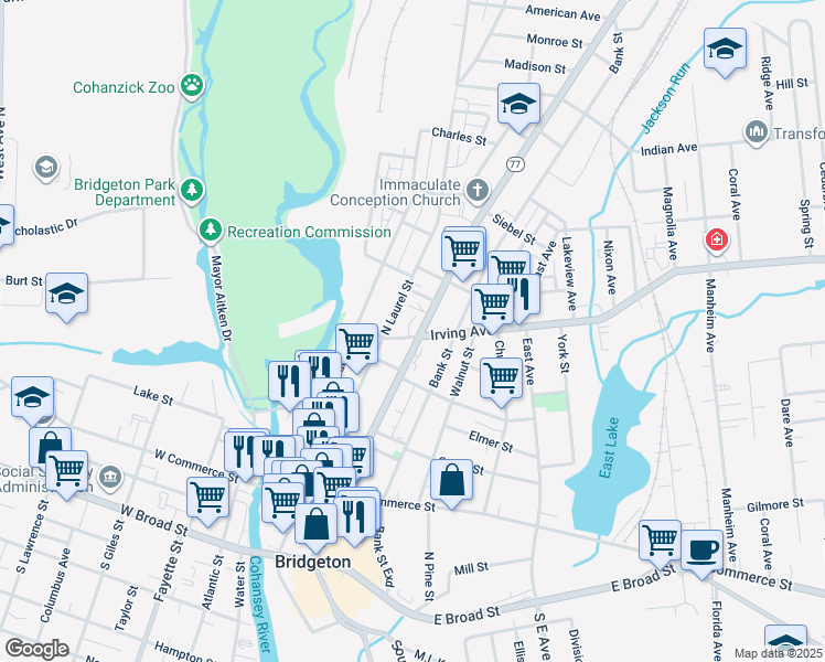 map of restaurants, bars, coffee shops, grocery stores, and more near 40 Irving Avenue in Bridgeton