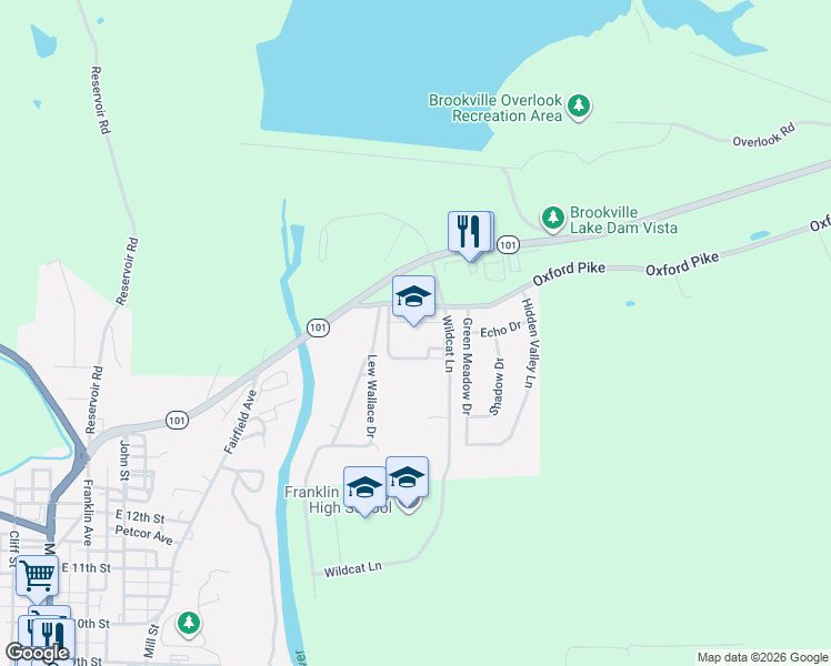map of restaurants, bars, coffee shops, grocery stores, and more near 10160 Oxford Pike in Brookville