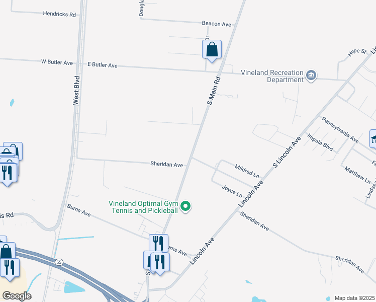 map of restaurants, bars, coffee shops, grocery stores, and more near 3608 South Main Road in Vineland