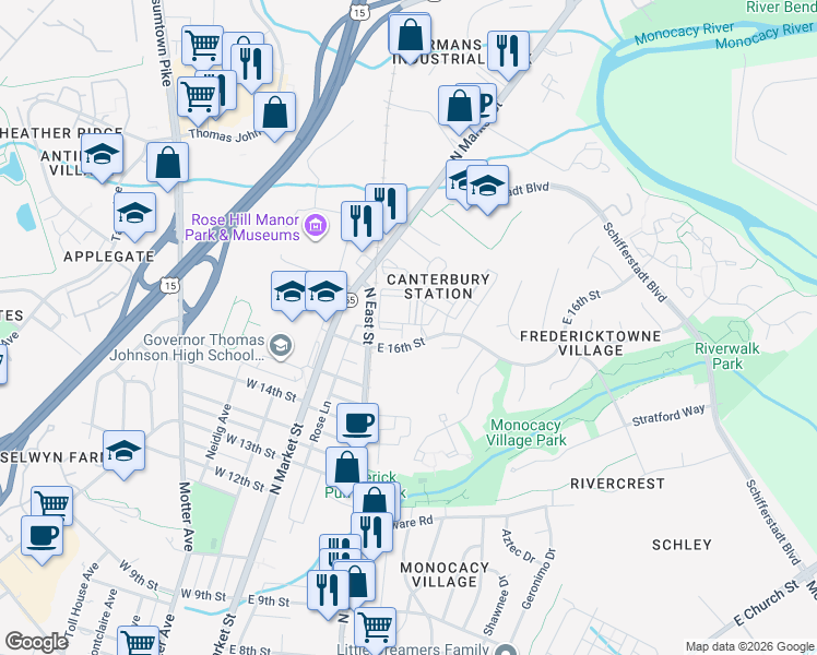 map of restaurants, bars, coffee shops, grocery stores, and more near 1601 Pinder Street in Frederick